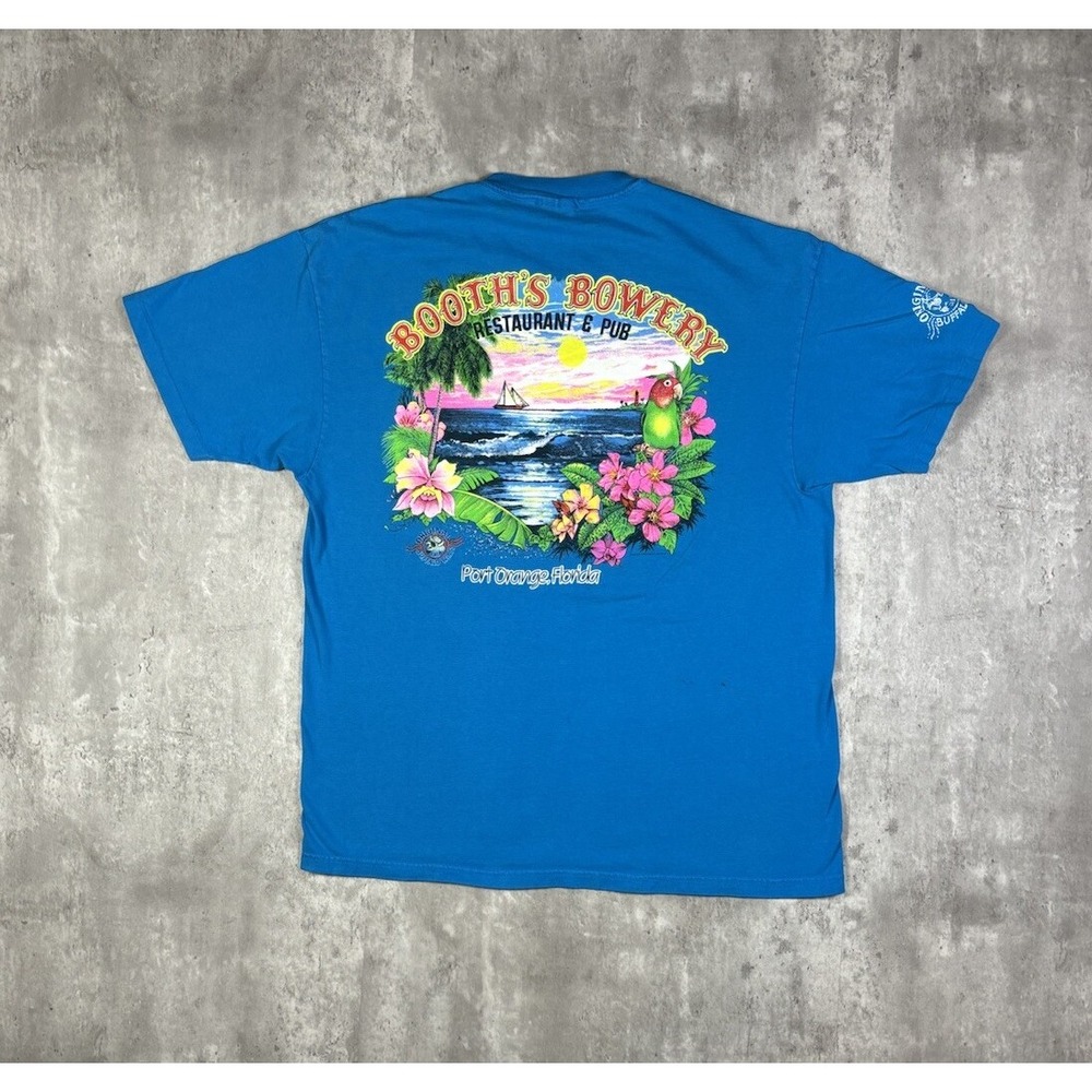 Vintage 90s Hanes Beefy-T Booths Bowery Beach Graphic T-Shirt Blue XL